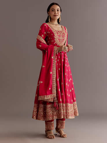 Red Chinon Zari Sequin Anarkali Suit With Dupatta