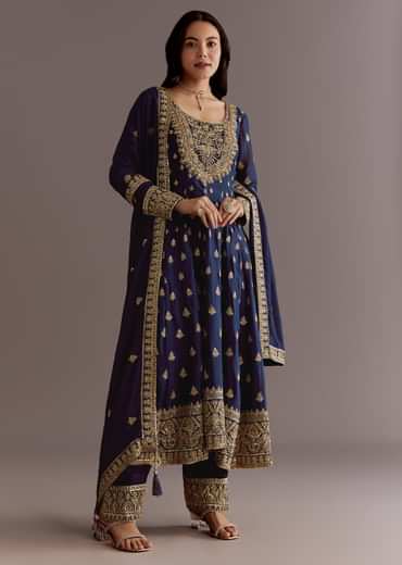 Dark Blue Chinon Zari Embroidered Anarkali Suit With Dupatta