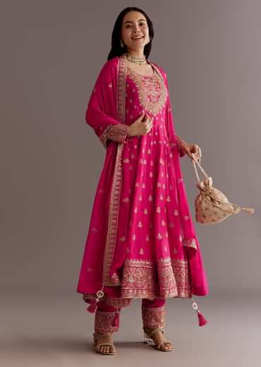 Pink Chinon Hand Embroidered Anarkali Suit With Dupatta