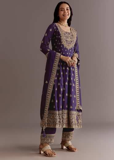 Purple Chinon Anarkali Dupatta Suit With Sequin Work