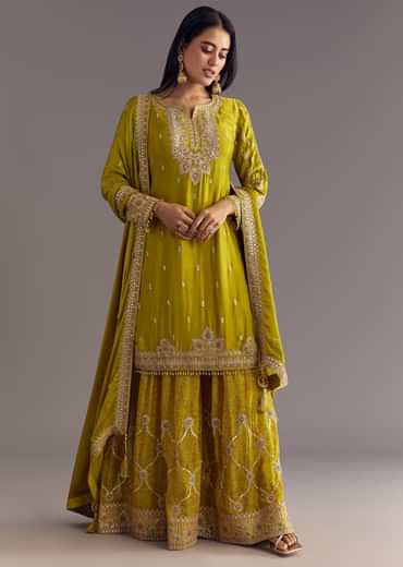 Mehendi Green Bandhani Palazzo Kurta Set With Zari And Mirror Work