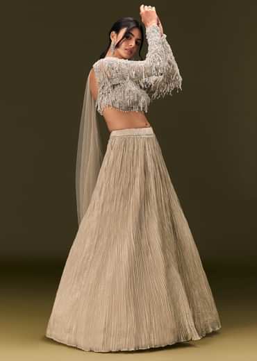 Beige Net Embroidered Blouse With Ruched Lehenga And Choker Dupatta