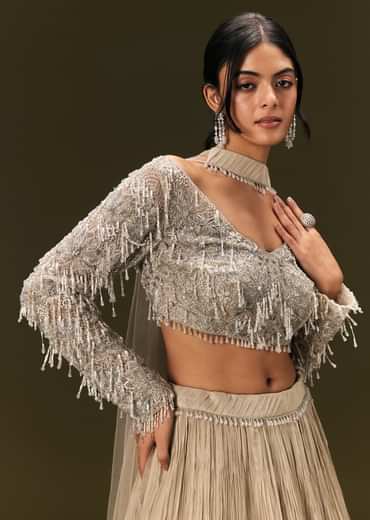 Beige Net Embroidered Blouse With Ruched Lehenga And Choker Dupatta