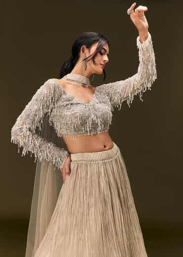 Beige Net Embroidered Blouse With Ruched Lehenga And Choker Dupatta