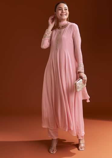 Pink Chinon Anarkali Suit With Beads And Stone Work