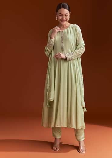 Pista Green Chinon Anarkali Suit With Beads And Stone Work