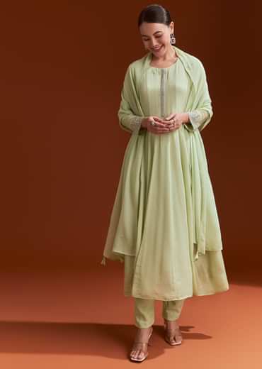 Pista Green Chinon Beaded Stone Work Anarkali Suit