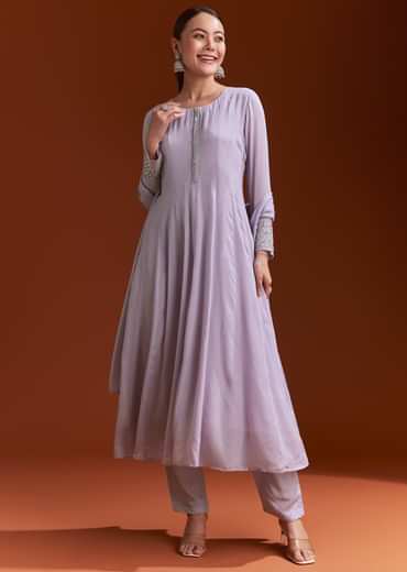 Lavender Chinon Anarkali Suit With Beads And Stone Work