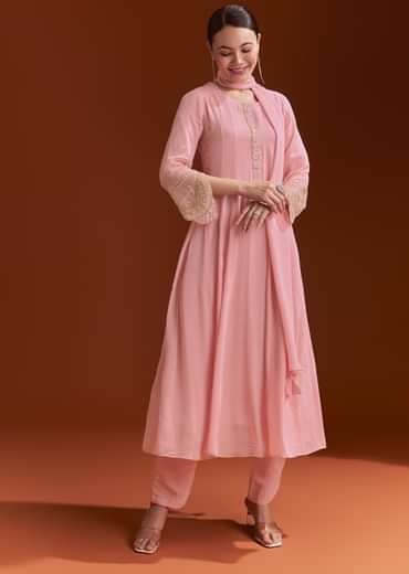 Light Pink Chinon Anarkali Suit With Cut Dana And Beads Work