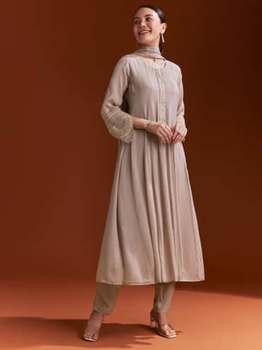 Light Brown Chinon Anarkali Suit With Moti And Zardosi Work