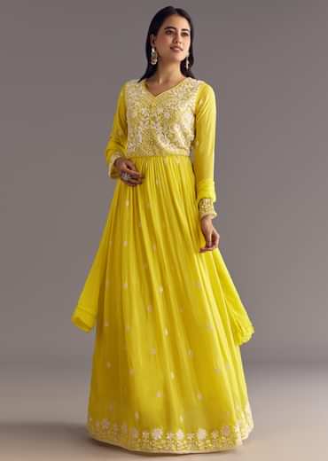 Lemon Yellow Chinon Anarkali With Moti And Sequins Embroidery