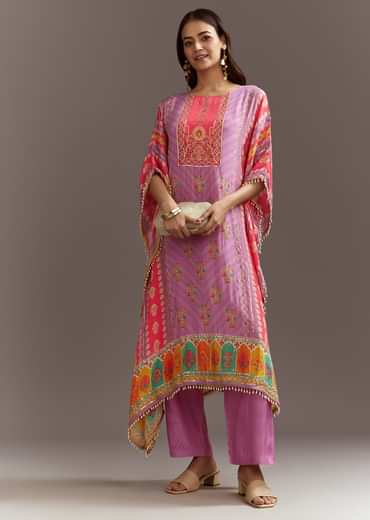 Purple Printed Crepe Kaftaan Kurta Pant