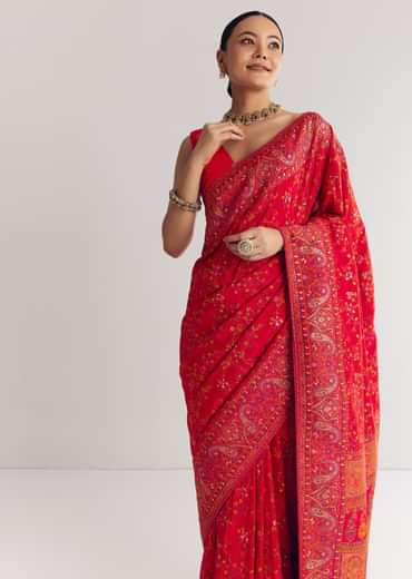Red Dola Silk Saree With Traditional Floral Amd Jaal Work