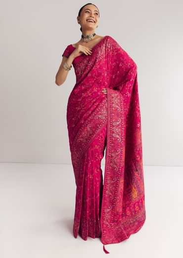 Pink Traditional Floral And Jaal Woven Saree