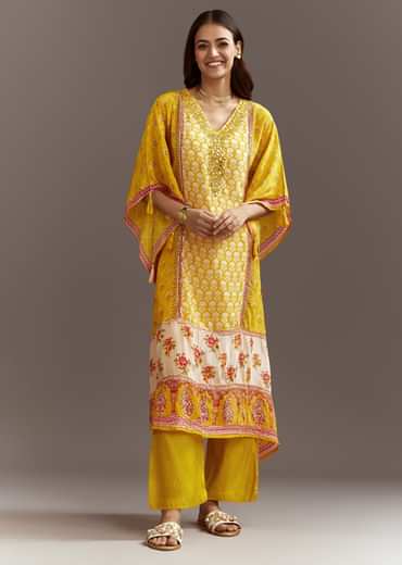 Yellow Printed Crepe Kaftaan Kurta Pant Set With Mirror And Sequins Work