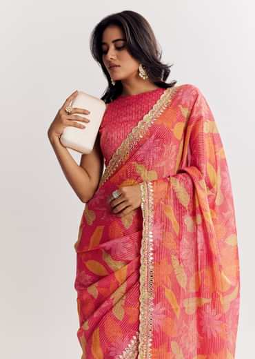 Pink Printed Tissue Lurex Saree With Zari Mirror And Cutdana Embroidery