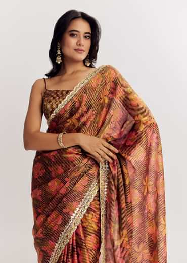 Brown Printed Tissue Lurex Saree With Zari Mirror And Cutdana Embroidery