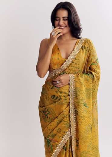 Yellow Printed Tissue Lurex Saree With Zari Mirror And Cutdana Embroidery