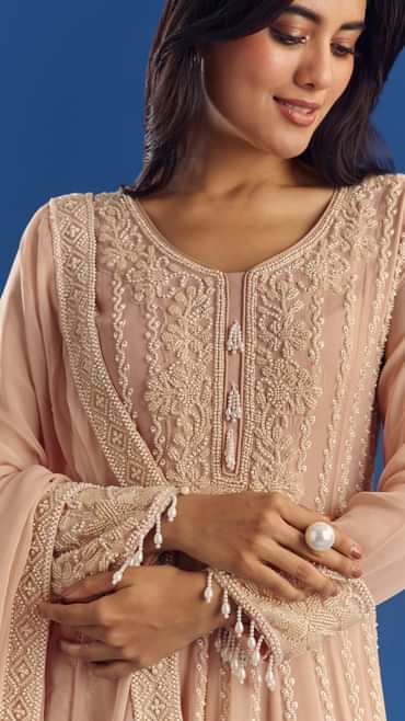 Peach Moti Beads Georgette Anarkali Set With Tassel Dupatta