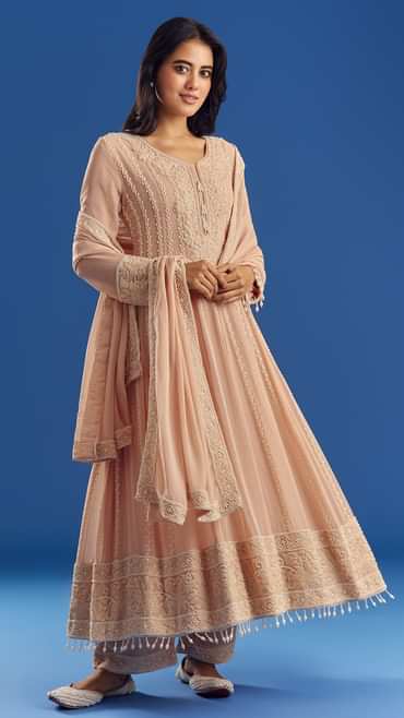 Peach Moti Beads Georgette Anarkali Set With Tassel Dupatta