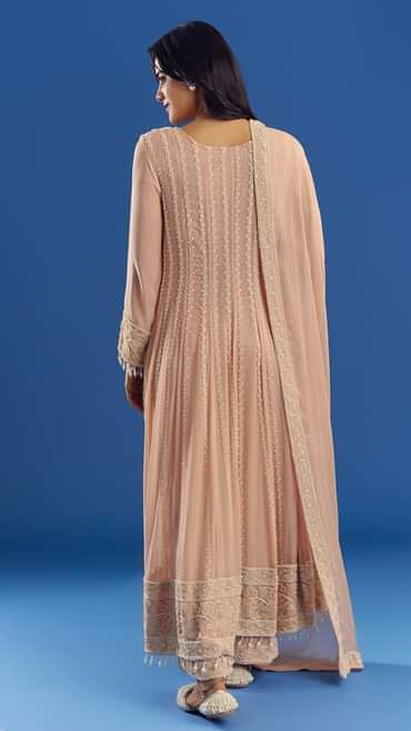 Peach Moti Beads Georgette Anarkali Set With Tassel Dupatta