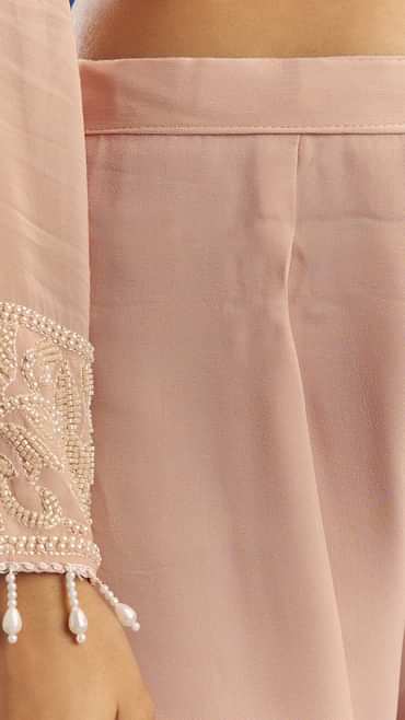 Peach Moti Beads Georgette Anarkali Set With Tassel Dupatta