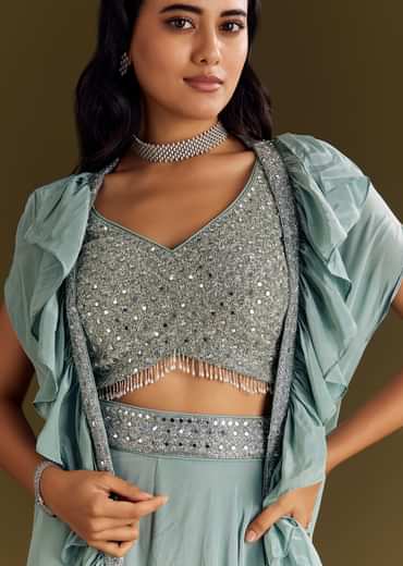 Ice Blue Crepe Croptop And Palazzo Set With Ruffled Jacket