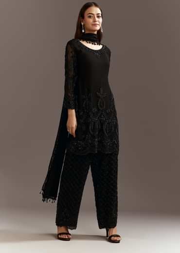 Black Beads Work Georgette Kurta With Fully Beaded Pant