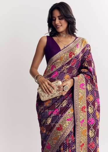 Purple Georgette Bandhani Saree With Animal Motifs And Gota Border