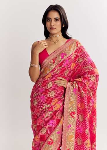 Rani Dola Silk Bandhani Saree With Multicolor Animal Motifs And Gota Border