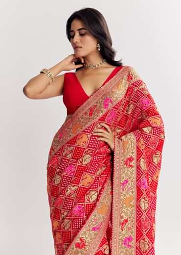 Red Dola Silk Bandhani Saree With Multicolor Animal Motifs And Gota Border
