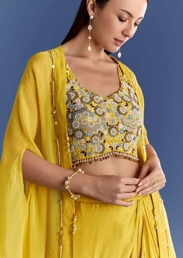 Yellow Satin Cape Set With Embroidered Croptop And Skirt