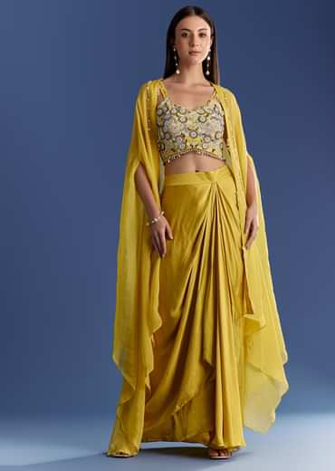 Yellow Satin Cape Set With Embroidered Croptop And Skirt