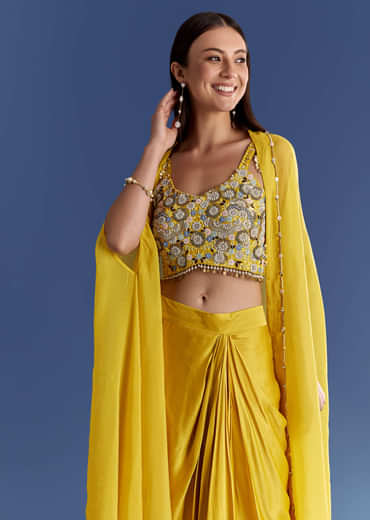 Yellow Satin Cape Set With Embroidered Croptop And Skirt