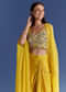Yellow Satin Cape Set With Embroidered Croptop And Skirt
