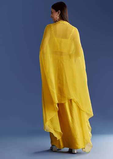 Yellow Satin Cape Set With Embroidered Croptop And Skirt