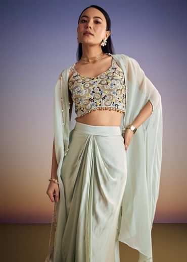 Mint Blue Organza Cape Set With Sequins And Thread Work