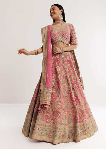 Pink Georgette Printed Cutdana Stonework Lehenga With Net Dupatta