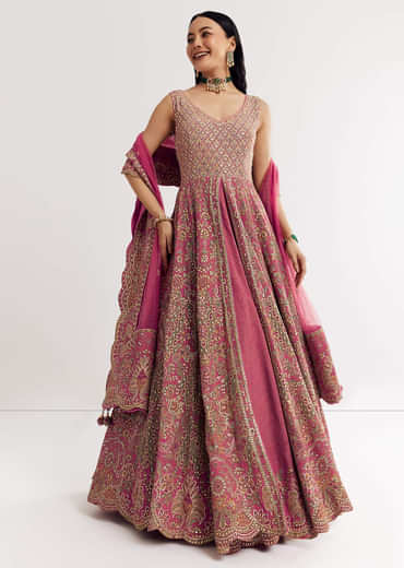 Pink Printed Embellished Anarkali Suit In Crepe