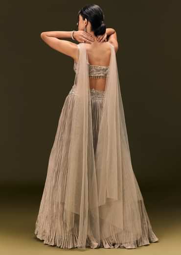 Gold Embroidered Sweetheart Neck Blouse With Lehenga And Choker Dupatta