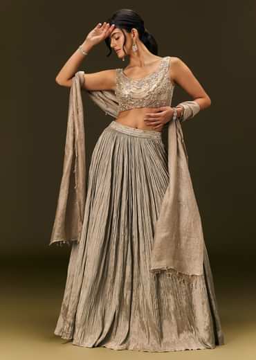 Gold Organza Lehenga Dupatta Set With Embellishments