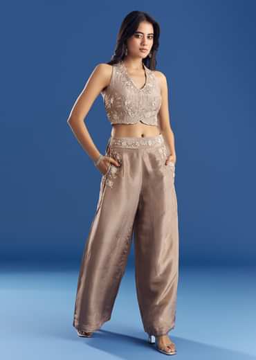 Tissue Croptop And Palazzo Suit With Cutdana Moti Embroidery