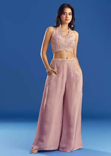 Gleaming Tissue Croptop And Palazzo Set With Beadwork