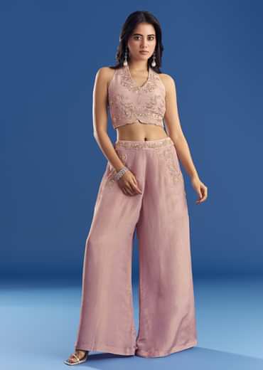 Gleaming Tissue Croptop And Palazzo Set With Beadwork