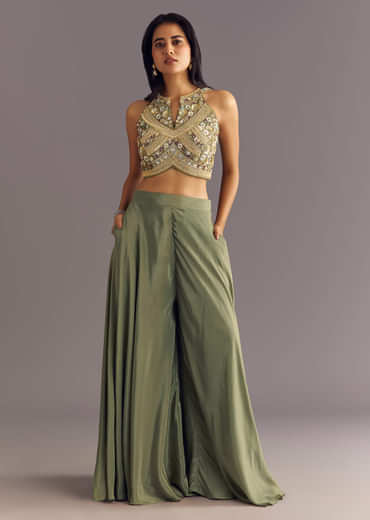 Green Raw Silk Croptop With Zardosi Work Palazzo Suit