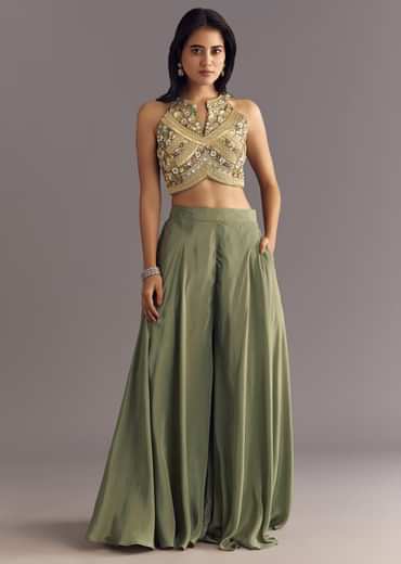 Green Raw Silk Croptop With Zardosi Work Palazzo Suit