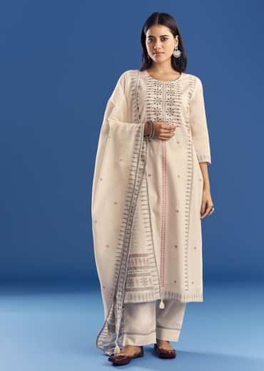 Ivory Thread Weave Mul Cotton Kurta Set With Dupatta