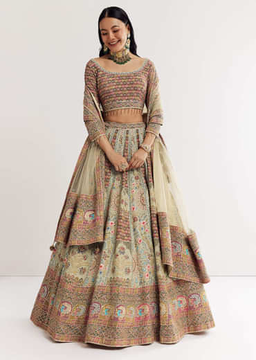 Green Beige Georgette Printed Lehenga With Scoop Neckline And Net Dupatta