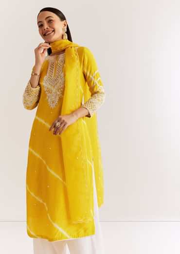 Yellow Silk Leheriya Kurta Set With Moti Work