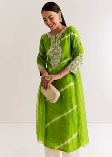 Green Silk Leheriya Kurta Set With Moti Work
